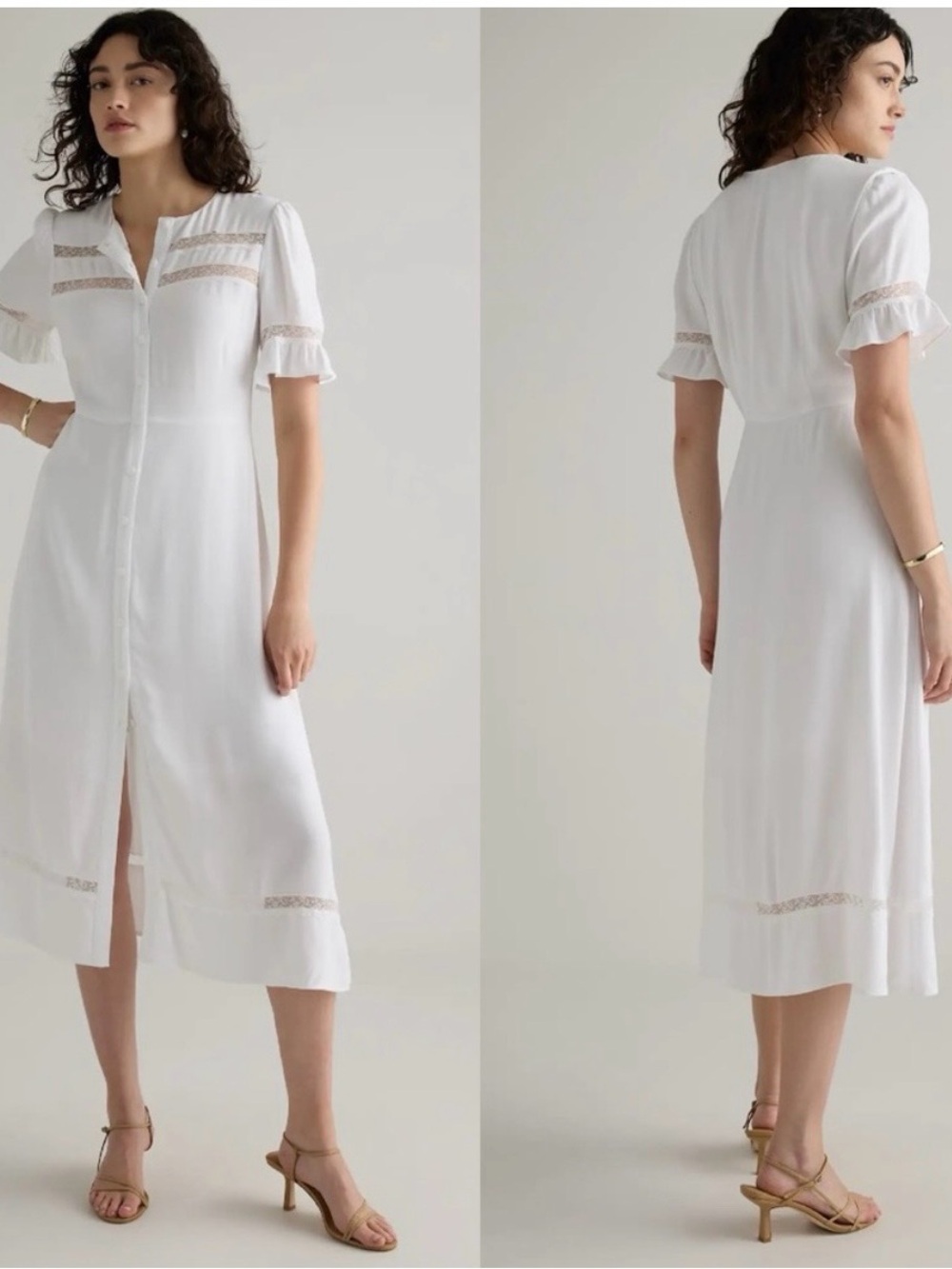 QUINCE Crepe Lace Inset Midi Dress Large Ivory White Cottagecore Prairie Retro